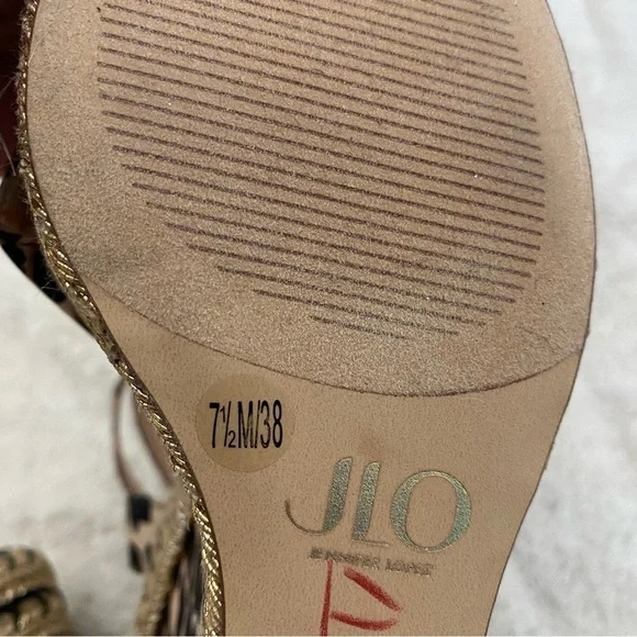 Jennifer Lopez JLo Leopard Print Tan Black Wedge Sandals Ankle Strap Size 7.5 - Picture 15 of 16